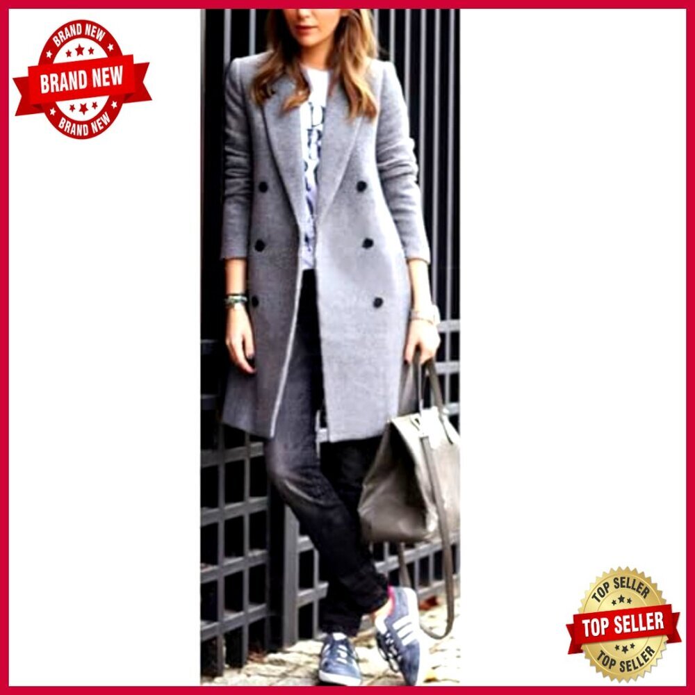 Slim Fit Wool Pea Coat Double Breasted Notch Lapel Knee Length - Picture 3 of 4